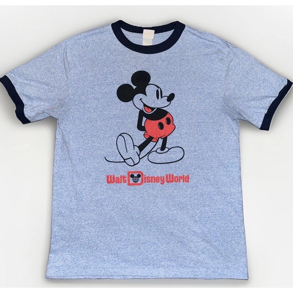 Retro Mickey Mouse Ringer T-Shirt Walt Disney World Heather Blue Small Vintage